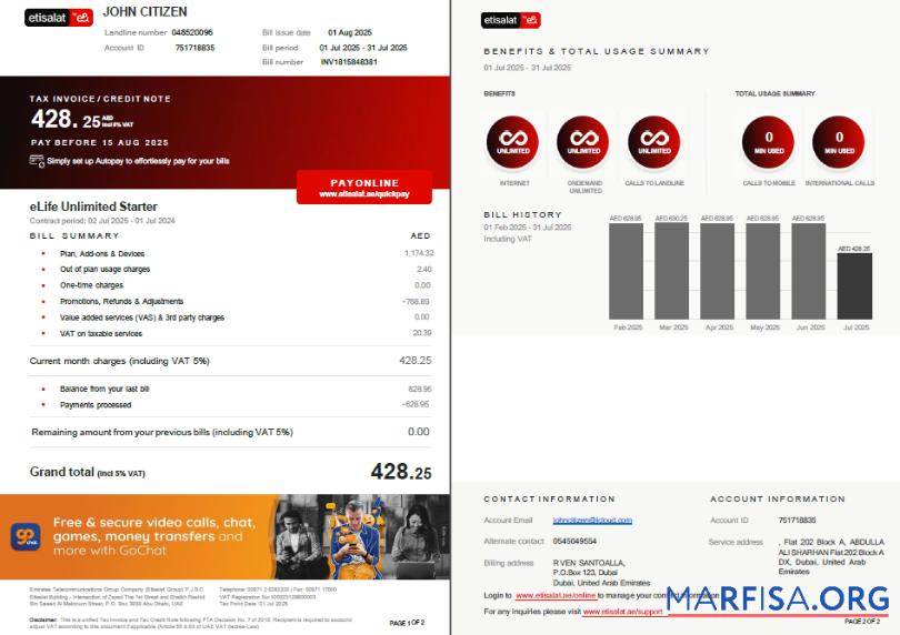 Realistic UAE Etisalat utility bill template in Word and PDF formats, 2 pages, version 3